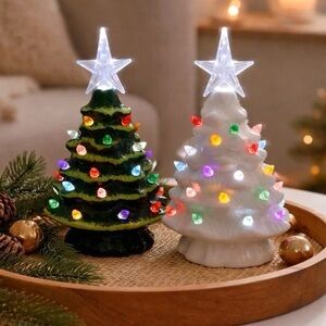 2 Ceramic Christmas Trees Multicolor Peg Lights & Star 7.5"  Battery Operated